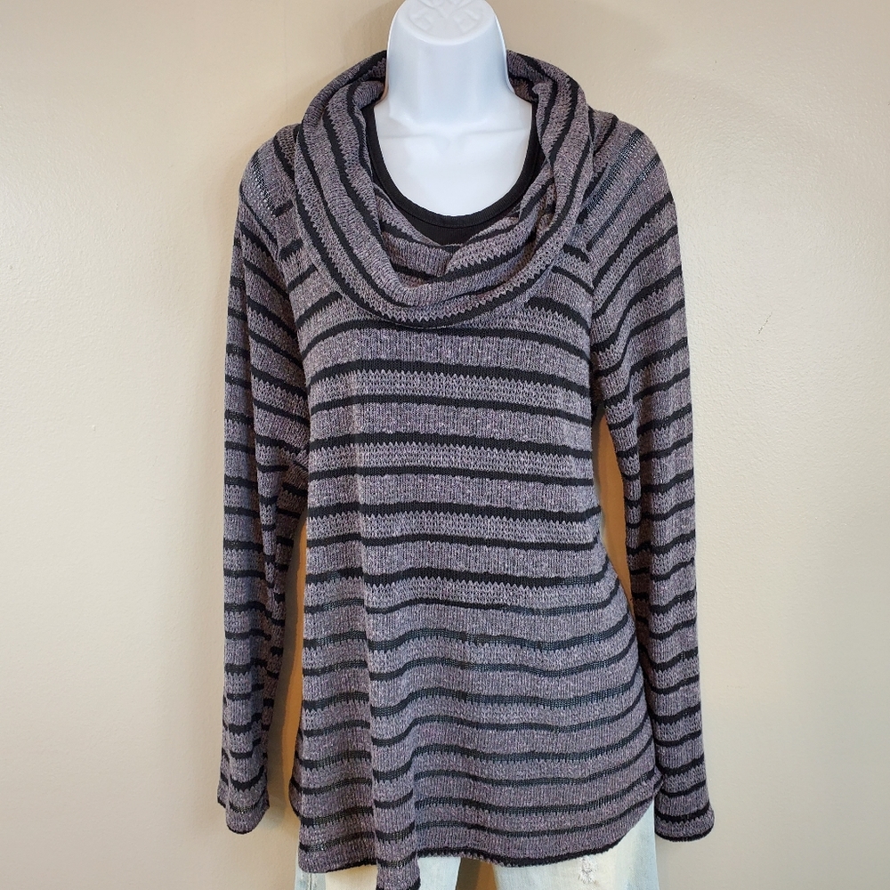 Charlotte Russe Black & Gray Striped Cowl Neck Sweater